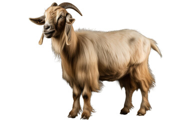 A majestic goat with long horns standing proudly on a white background - obrazy, fototapety, plakaty