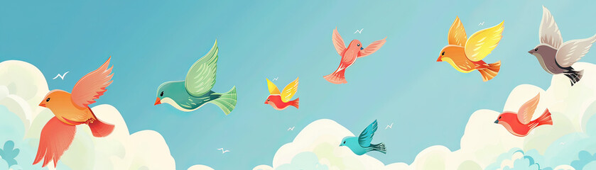Flock of cartoon birds carrying a banner across the sky, space for inspirational quotes