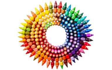 An arrangement of colored pencils in a captivating spiral formation