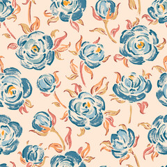 Seamless Pattern of Blue Roses. Rose Flower. Flowers and Leaves. Vintage Floral Background. Vector illustration