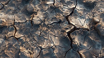 The dried-up land in the desert. Cracked soil crust. Desertification. Climate change. Shrinking water sources, leaving a cracked surface.