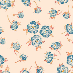 Seamless Pattern of Blue Roses. Rose Flower. Flowers and Leaves. Vintage Floral Background. Vector illustration.