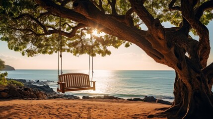 Swing with a tree on a beautiful beach near the ocean
