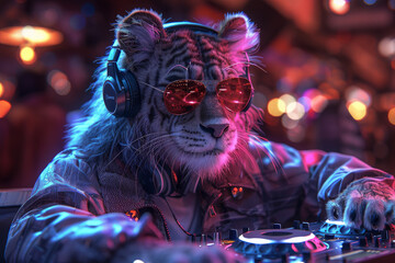 Fototapeta na wymiar Cool neon party dj lion in headphones and sunglasses