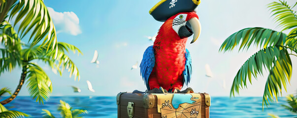 Jolly pirate parrot with a treasure map banner, tropical island setting for adventurous slogans