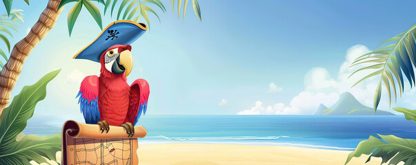Jolly pirate parrot with a treasure map banner, tropical island setting for adventurous slogans