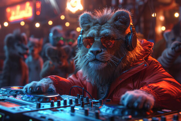 Cool neon party dj lion in headphones and sunglasses - obrazy, fototapety, plakaty