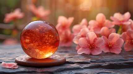   A tight shot of a glass orb on a table, surrounded by flowers in the backdrop, with a bench in the foreground