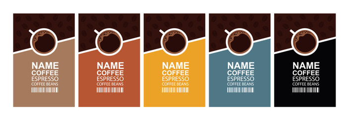 Vector set of coffee bean labels. Coffee bean labels with coffee cup and barcode on different color backgrounds, magazine cover or for menu in coffee shop