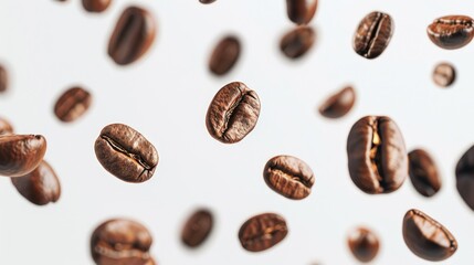 Flying roasted coffee beans isolated on white background. Banner for restaurants, cafe, menu design