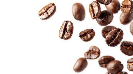 Obraz premium Flying roasted coffee beans isolated on white background with free place for text. Banner for restaurants, cafe, menu design