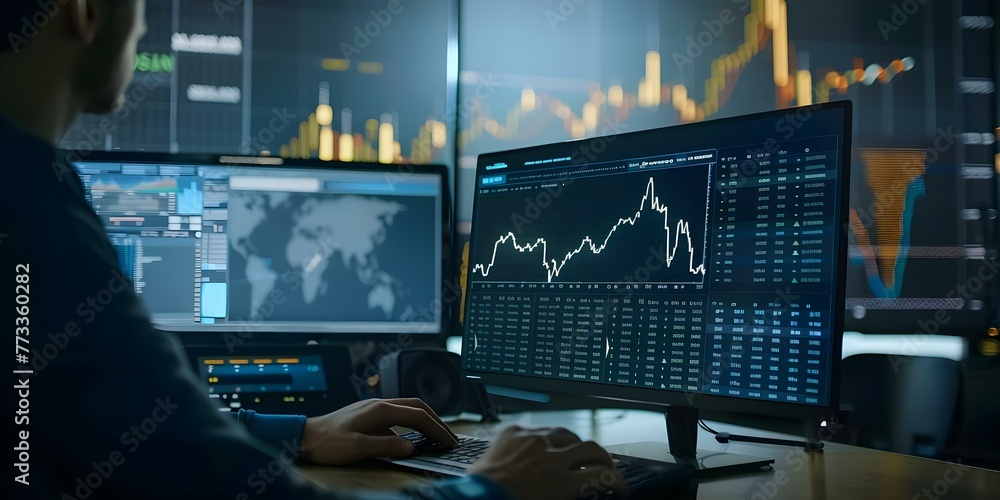 Poster analyzing financial data: person studying charts and graphs on computer screen. concept financial an