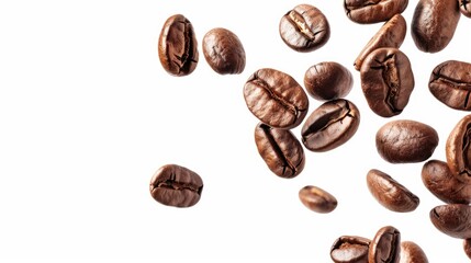 Naklejka premium Flying roasted coffee beans isolated on white background with free place for text. Banner for restaurants, cafe, menu design