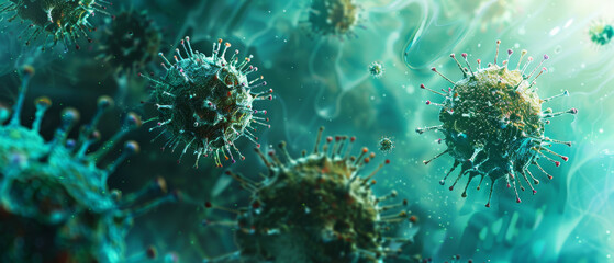 Depicting the ominous presence of a spiked virus, juxtaposed with the imperative concept of vaccination and health.