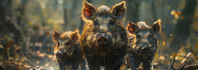 Amidst the verdant tranquility of the forest, a wild boar family roams with their adorable baby.