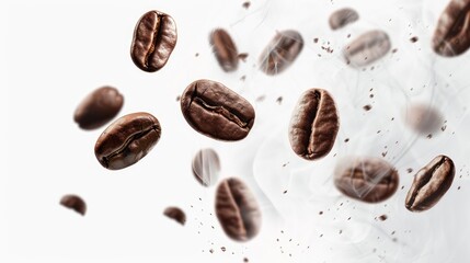 Flying roasted coffee beans with smoke isolated on white background. Banner for restaurants, cafe, menu design