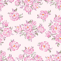 Seamless Pattern of Pink Roses. Rose Flower. Flowers and Leaves. Vintage Floral Background. Vector illustration.