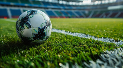 Soccer ball on the green grass of a football stadium.
