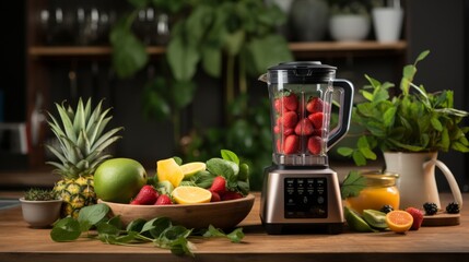 Healthy Lifestyle Concept : Blender on a Wooden Table Surrounded by Assorted Fruits and Green Foliage, 