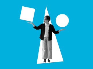 Collage with a woman making a choice. Comparison and different options.