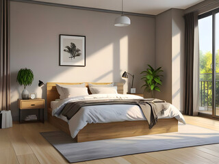 Stylish bedroom interior in modern apartment with small bed, wooden chest, home garden, white bedding, pillows and blanket. Sunny space with grey walls and brown wooden parquet.