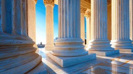 US Supreme Court's flute columns & steps, symbolizing power authority in Washington DC. - obrazy, fototapety, plakaty