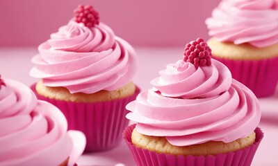 Pink cupcakes with raspberries on pink background, closeup