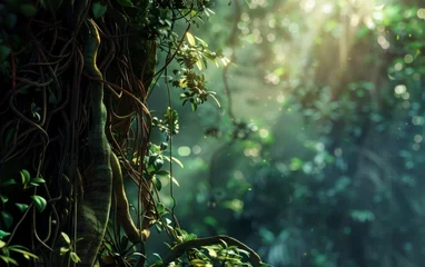 Fotobehang Sunlight filters through lush green leaves, illuminating a serene, natural woodland scene. © Volodymyr