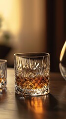 A crystal glass of whiskey captures the golden hour's glow on a textured wood table, creating a cozy, inviting ambiance.