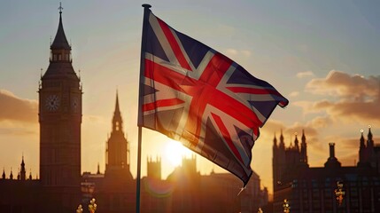Against London's skyline, the Union Jack waves in front of historic landmarks, epitomizing British...