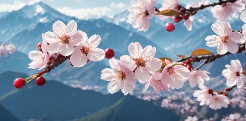 cherry blossom in spring time on the background of the mountains