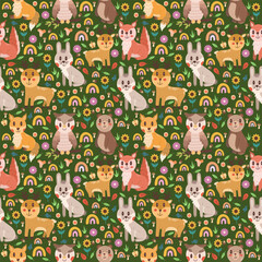 Seamless vector design pattern with different childish cute animals and boho rainbows on a dark background