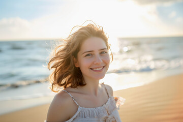 Fototapeta na wymiar Serene Seaside Smile. A serene woman smiles gently on a sunny beach, her windswept hair and the soft ocean breeze encapsulate a moment of peaceful bliss