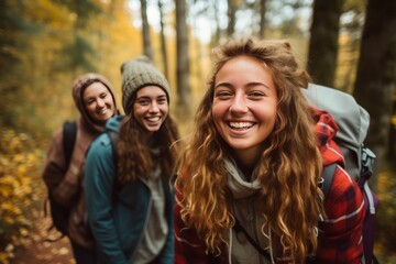 Group of hikers smiling in autumn forest