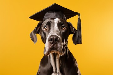portrait of a marble Great Dane in a black graduate hat on a yellow background. animal education and training, handling and exhibition.