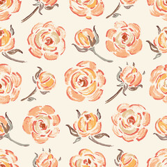 Seamless Pattern of Yellow Roses. Rose Flower. Flowers and Leaves. Vintage Floral Background. Vector illustration.