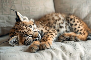 A lynx cub lies and sleeps on a bed or sofa at home.