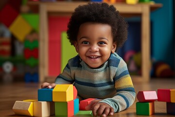 Happy toddler playing with blocks
