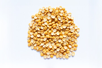 Yellow split peas on white background