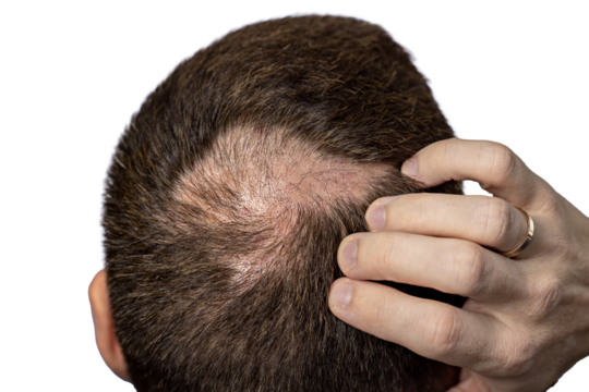 Person with Hair Loss problems closeup. Alopecia Balding Hairs on man Scalp. Human Alopecia or Hair Loss. Scratching his Head. Baldness. Depression, Stress. PNG Design Element.