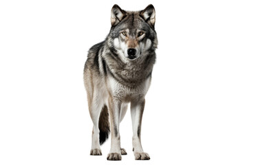 A majestic gray wolf stands tall on a stark white background