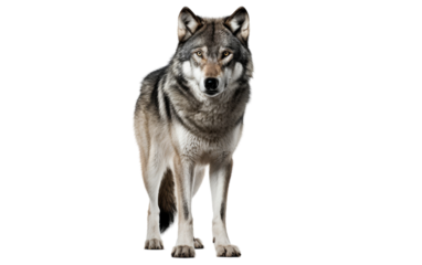 A majestic gray wolf stands tall on a stark white background