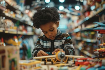 Young Boy Playing With Toy Airplane in Toy Store - obrazy, fototapety, plakaty