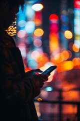 man with a phone on the street on a blurred background in bokeh circles Generative AI