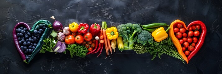piles of healthy fruit and vegetables with heart shapes on either end, over a dark background