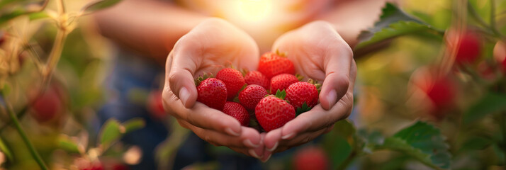 hands holding freshly picked strawberries in a field  - obrazy, fototapety, plakaty