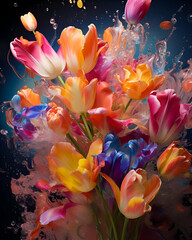 Bouquet of colorful tulips in water with splashes.