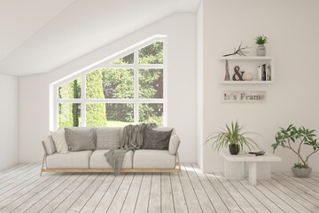 Modern interior concept with sofa and summer landscape in window. 3D illustration