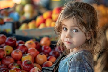 Fototapeta na wymiar Little Girl Standing in Front of Pile of Apples