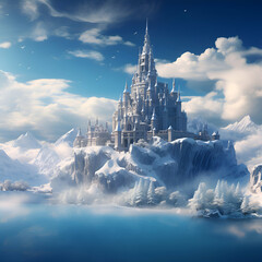 Fantasy castle in the blue sky with white clouds. 3D illustration